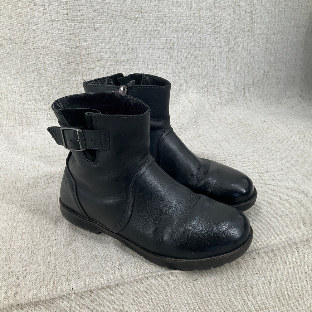 Birkenstock Stowe Ankle Boots Women 37 Black Leather Moto Side Zip Buckle Lug